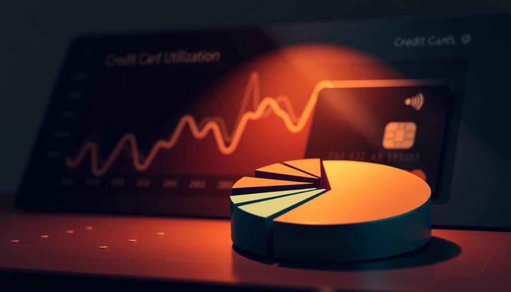 A detailed illustration of "credit utilization" showcasing a sleek, modern financial dashboard. In the foreground, a dynamic pie chart displays the breakdown of credit utilization, with distinct slices representing different credit card balances. The middle ground features a line graph charting credit utilization over time, highlighted by a focused spotlight. In the background, a stylized credit card casts a subtle reflection, emphasizing the connection between credit utilization and creditworthiness. The scene is bathed in a warm, muted color palette, conveying a sense of financial stability and control. Lighting is soft and directional, creating depth and highlighting the key visual elements. The overall mood is one of thoughtful financial planning and responsible credit management.