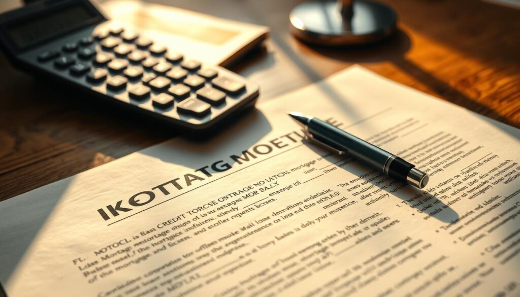 A high-quality image of a mortgage document lying on a wooden desk, illuminated by warm, directional lighting. The document features intricate text and fine-print details, conveying the complexity and importance of the mortgage agreement. In the middle ground, a calculator and a pen are placed, suggesting the need for careful financial calculations and attention to the terms. The background is blurred, focusing the viewer's attention on the central mortgage document. The overall mood is one of seriousness and financial responsibility, reflecting the impact of credit scores on loans, rates, and terms.