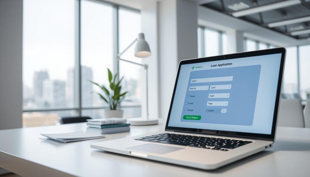 A modern, minimalist office setting with a bright, airy atmosphere. In the foreground, a sleek laptop displaying an online application form with fields for personal information, loan amount, and payment details. The laptop is set on a clean, white desk with a stylish desktop lamp providing soft, diffused lighting. In the middle ground, a potted plant and a stack of documents symbolize the loan application process. The background features large windows overlooking a cityscape, conveying a sense of professionalism and efficiency. The overall mood is one of streamlined, digital financial transactions.