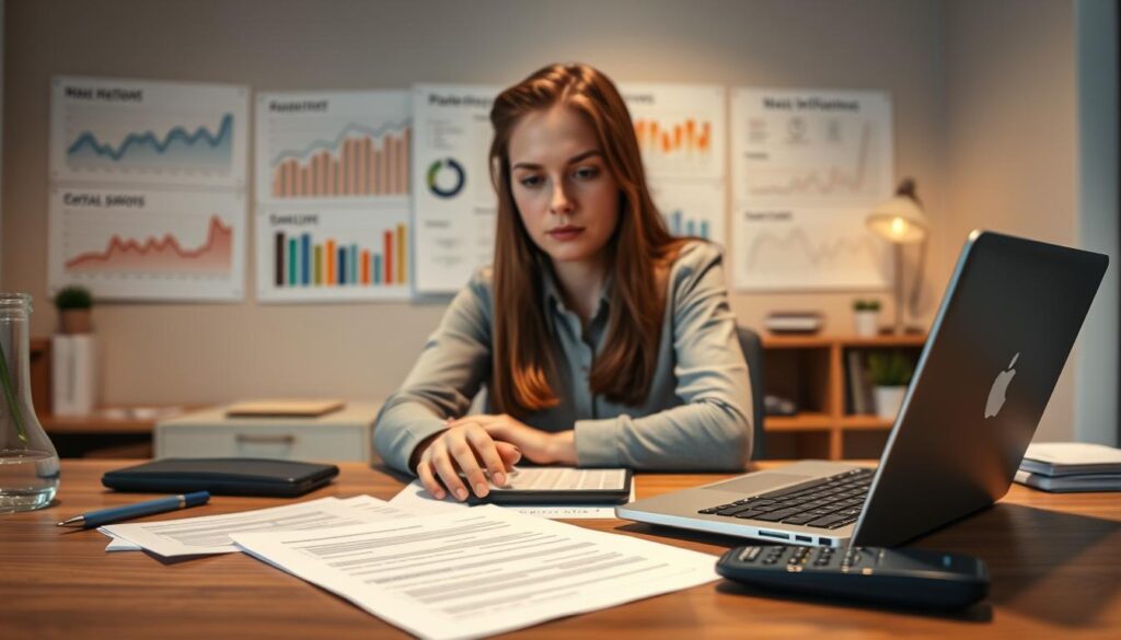 A modern office setting with a laptop, documents, and a calculator on a desk, against a backdrop of financial charts and graphs. Soft, warm lighting casts a contemplative mood, as a young professional reviews student loan refinancing options. The composition emphasizes a sense of informed decision-making, with attention to detail and a focus on the task at hand. Crisp, high-resolution rendering with a shallow depth of field, drawing the viewer's eye to the central subject.