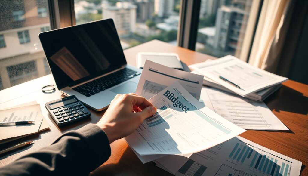 A neatly organized desktop with a laptop, a calculator, and various financial documents. The scene is bathed in warm, natural lighting, creating a serene and focused atmosphere. In the foreground, a person's hands are meticulously reviewing budget spreadsheets, their expression one of careful consideration. The background features a window overlooking a tranquil urban landscape, hinting at the broader context of personal finance and its real-world implications. The overall composition conveys a sense of diligence, control, and the practical application of budgeting tools in everyday life.