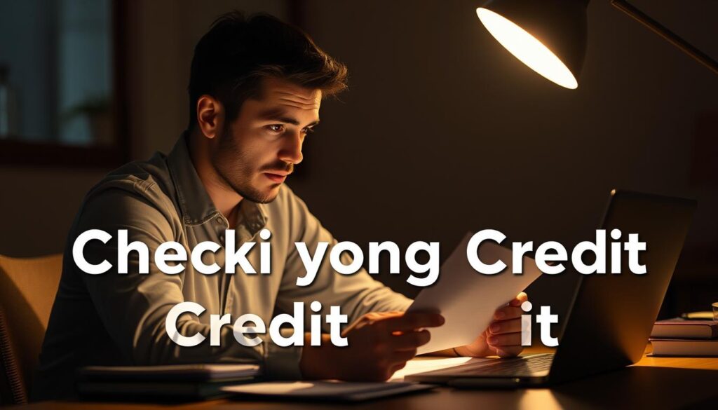 A person sitting at a desk, examining a document or device intently, with a thoughtful expression on their face. The scene is illuminated by a warm, focused light, casting subtle shadows and highlighting the details of the person's face and surroundings. The desk is organized, with a laptop, a stack of papers, and a pen or stylus nearby, suggesting a focused, professional environment. The background is slightly blurred, creating a sense of depth and drawing the viewer's attention to the central figure. The overall mood is one of concentration and consideration, reflecting the theme of "checking credit" and the potential impact on one's financial well-being.