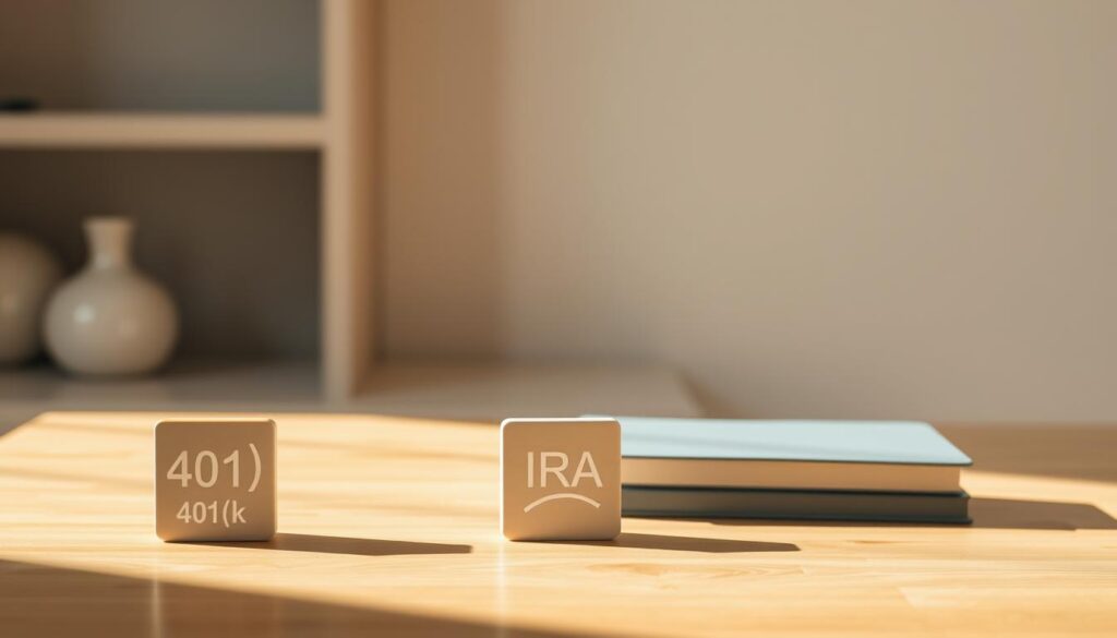 A serene and thoughtful study of various retirement account options, captured in a well-lit, clean-lined composition. In the foreground, a trio of 401(k), IRA, and Roth IRA icons sit atop a minimalist wooden desk, their forms casting soft shadows. The middle ground features a backdrop of elegant, muted tones - perhaps a simple wall or bookshelf - creating a sense of balance and sophistication. The lighting is warm and natural, accentuating the textural details of the materials. The overall mood is one of careful consideration, highlighting the importance of making informed choices when planning for one's financial future.