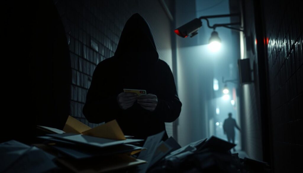 A shadowy figure in a hooded jacket, appearing to scrutinize a credit card in a dimly lit alleyway. The scene is illuminated by a single streetlamp, casting long, eerie shadows. The figure's face is obscured, heightening the sense of unease. In the foreground, a pile of discarded envelopes and receipts hints at a larger scheme. The middle ground features a surveillance camera, its red light blinking ominously. The background is hazy, with indistinct shapes suggesting a bustling urban environment, further emphasizing the isolation and vulnerability of the situation.