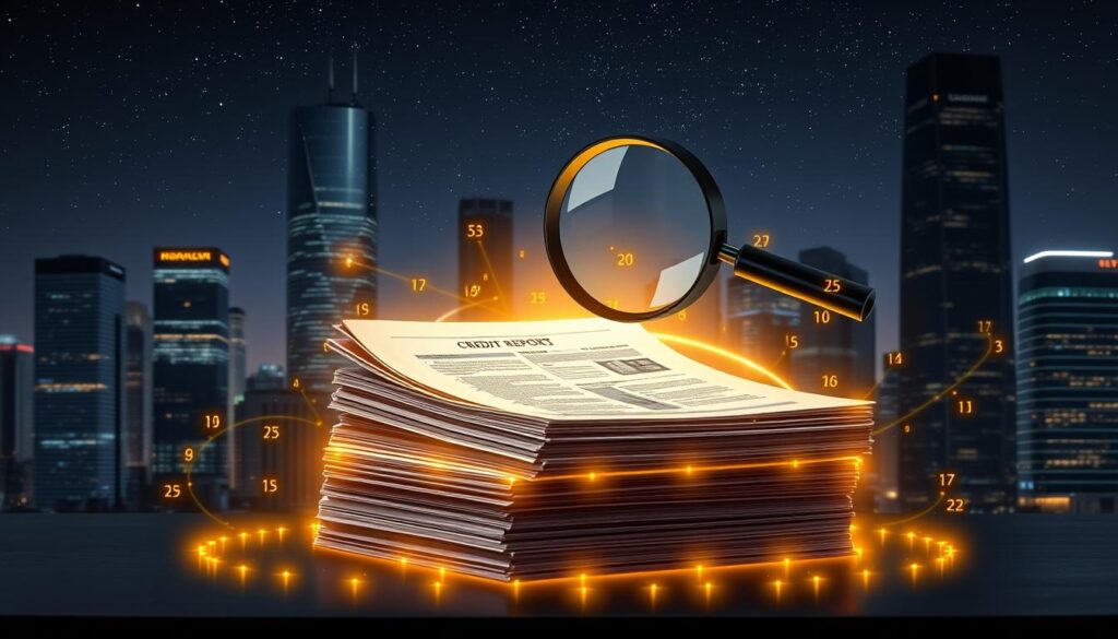 A sophisticated cityscape at night, with skyscrapers illuminated against a starry sky. In the foreground, a stack of credit reports glows with a metallic sheen, casting a warm light across the scene. The reports are surrounded by a halo of golden numbers and symbols, representing the complex algorithms that determine credit scores. In the middle ground, a magnifying glass hovers, casting a sharp focus on the details of the reports. The atmosphere is one of mystery and intrigue, hinting at the importance of credit scores in financial decisions.