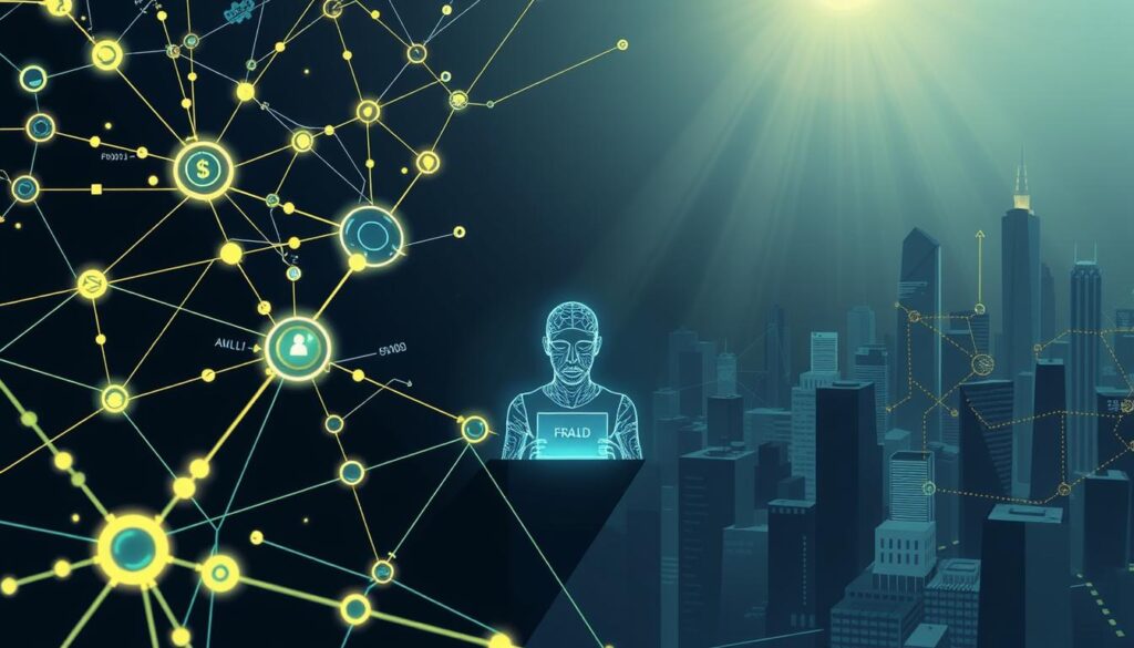 A striking digital illustration depicting the intricacies of fraud detection. A network of interconnected financial data, algorithms, and security protocols converge in the foreground, creating a complex web of analysis and protection. In the middle ground, an observant AI system meticulously sifts through transactions, identifying anomalies and potential threats. The background features a sleek, futuristic cityscape, hinting at the advanced technology powering this crucial financial safeguard. Dramatic lighting casts long shadows, conveying the gravity and importance of the task at hand. The overall tone is one of precision, vigilance, and the unwavering commitment to safeguarding financial integrity.