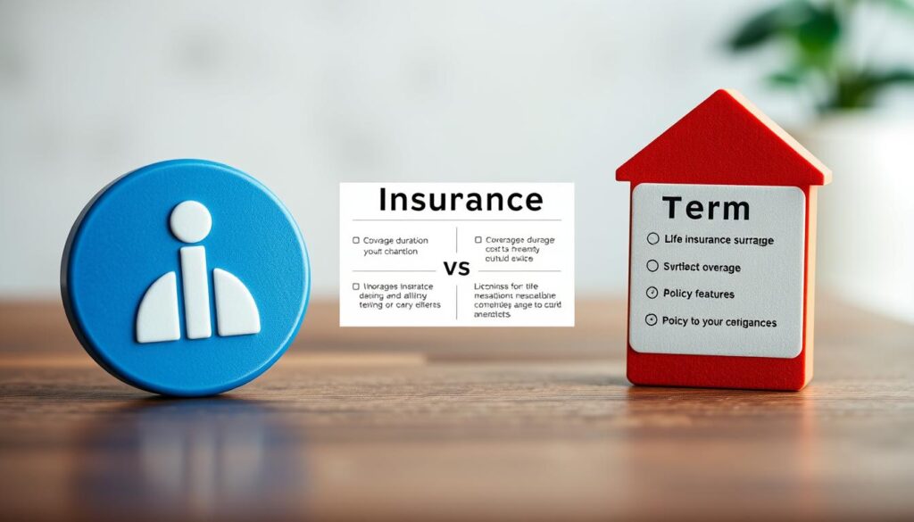 A visually striking, high-resolution image depicting the key differences between life insurance and term insurance. The foreground showcases two distinct icons or symbols, one representing life insurance and the other term insurance, with clear visual contrast in their design, color, and overall aesthetic. The middle ground features a clean, minimalist layout with concise, informative text highlighting the core distinctions between the two insurance types, such as coverage duration, cost, and policy features. The background is a softly blurred, neutral-toned environment, allowing the focal points to stand out and create a balanced, professional composition. The overall mood is one of clarity, simplicity, and informative comparison, guiding the viewer to understand the key differences at a glance.