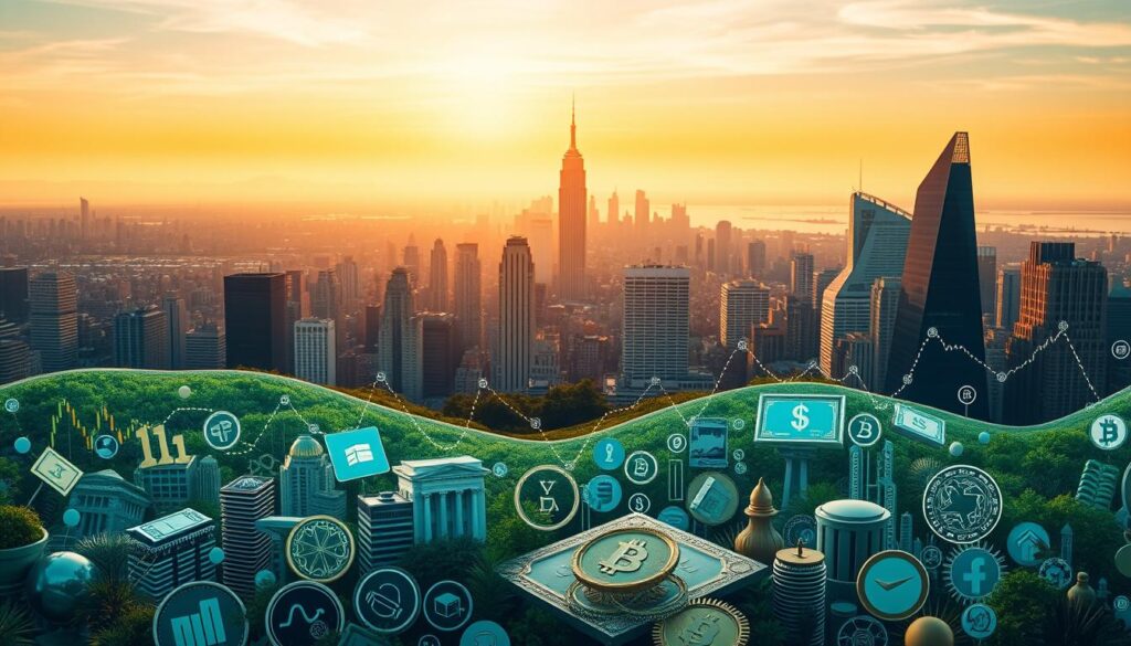 A well-lit investment landscape featuring a diverse array of financial instruments in the foreground, including stocks, bonds, cryptocurrencies, and real estate icons. In the middle ground, a cityscape with skyscrapers and financial district architecture, bathed in a warm, golden hue. The background showcases a serene, cloudless sky with subtle gradients, creating a sense of depth and grandeur. The composition should convey a balanced, sophisticated, and professional atmosphere, inspiring confidence in first-time investors exploring their options.